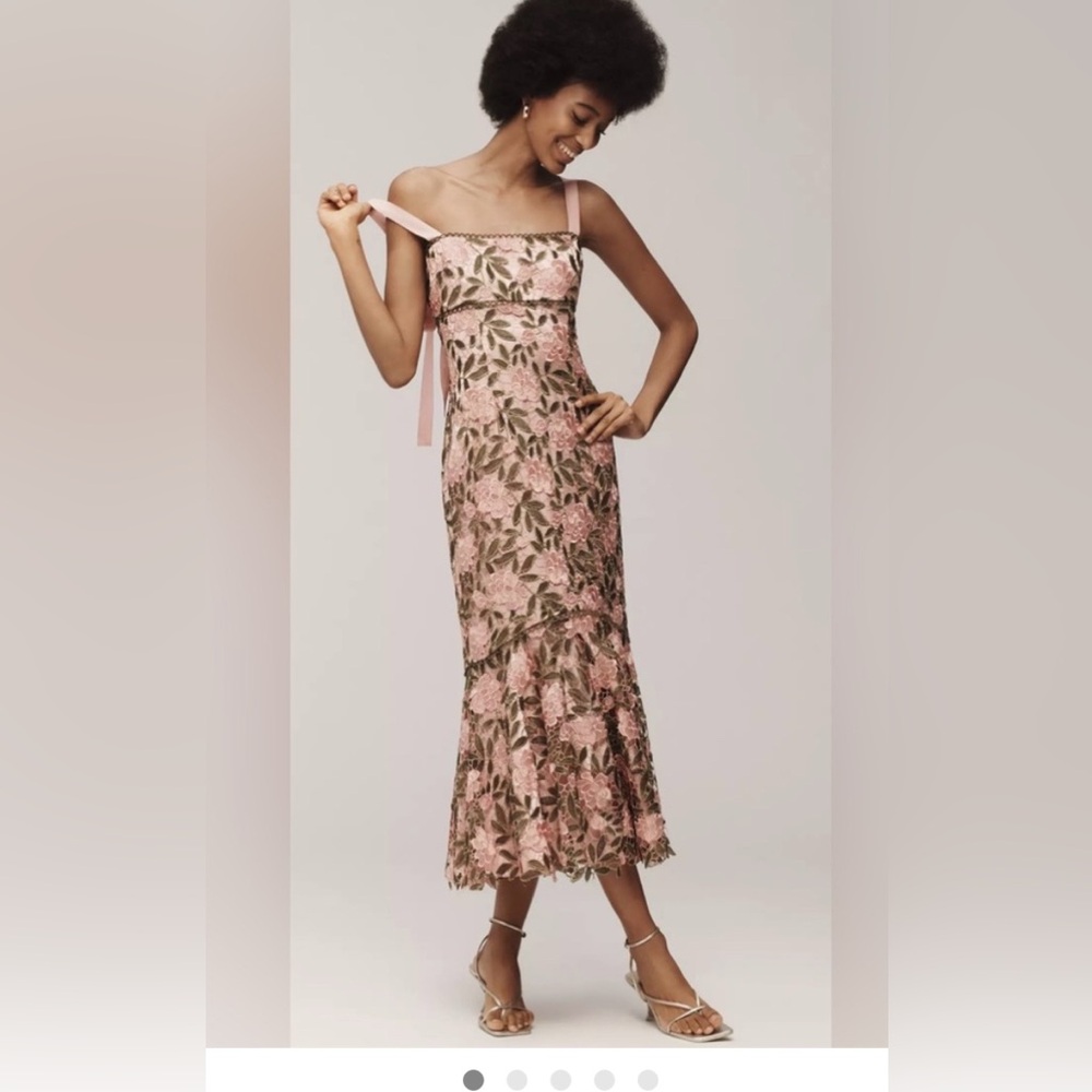 SAYLOR Pink Floral Lace Midi Dress with Ribbon Straps